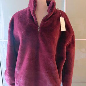 A New Day Fuzzy Mock Neck Jacket Women's Large Burgundy Cotton Blend Quarter Zip